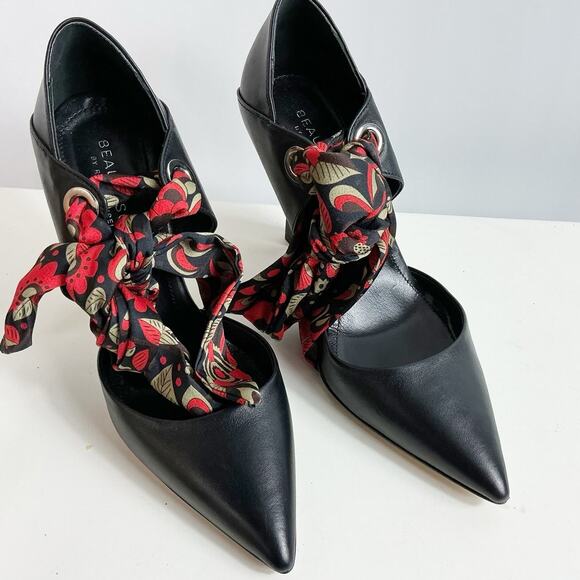 Beautisoles Womens Millie Ribbon Ankle Tie Pump Shoes Black Leather Red 7.5 - Picture 2 of 8